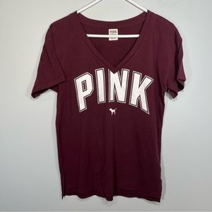 PINK Victorias Secret Shirt Womens Extra Small Red Spell Out VNeck Casual Ladies
